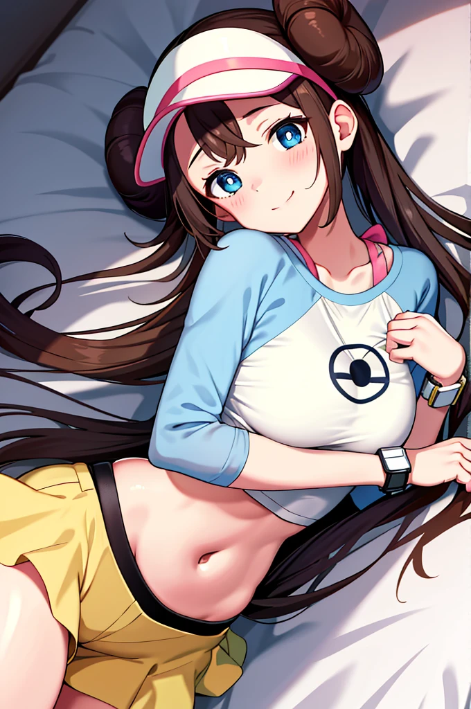 masterpiece, top-quality, hight resolution, RO1, Hair buns, blue eyess, Twin-tailed, Visor Cap, raglan sleeves, Yellow shorts, The shirt, Pink ribbon, Watches,large full breasts、、appealing breast、breastso、sexy tummy, tetas grandes, solo, 1girl, BEDROOM background, hands on chest, embarrased, blush, smile, lying on bed,
