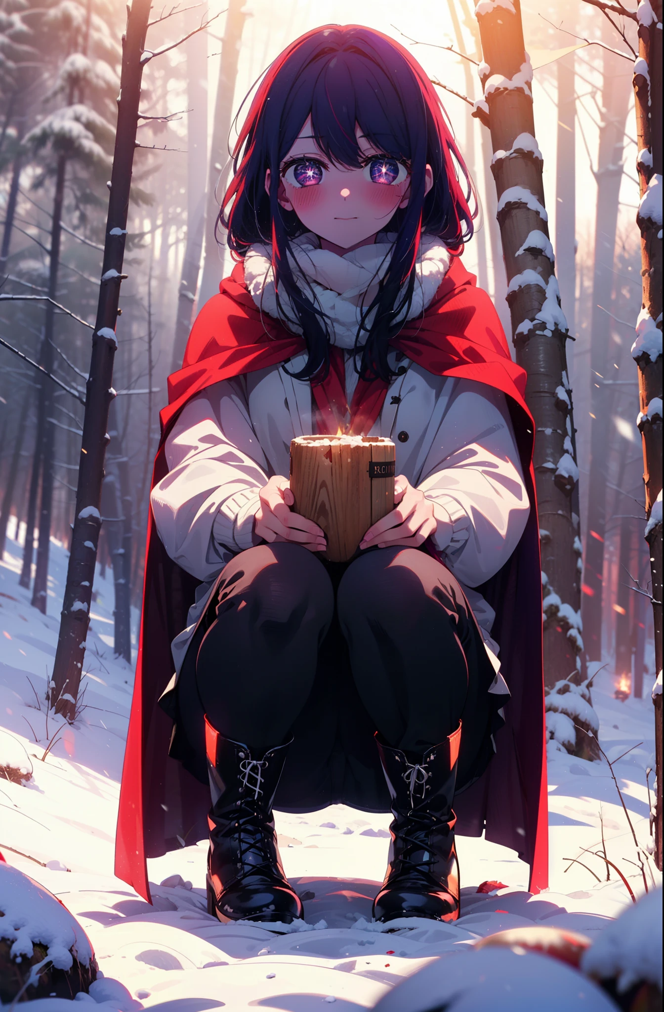 aihoshino, Ai Hoshino, Long Hair, bangs, (Purple eyes:1.1), Purple Hair, (Symbol-shaped pupil:1.5), smile,,smile,blush,White Breath,
Open your mouth,snow,Ground bonfire, Outdoor, boots, snowing, From the side, wood, suitcase, Cape, Blurred, , forest, White handbag, nature,  Squat, Mouth closed, Cape, winter, Written boundary depth, Black shoes, red Cape break looking at viewer, Upper Body, whole body, break Outdoor, forest, nature, break (masterpiece:1.2), Highest quality, High resolution, unity 8k wallpaper, (shape:0.8), (Beautiful and beautiful eyes:1.6), Highly detailed face, Perfect lighting, Extremely detailed CG, (Perfect hands, Perfect Anatomy),