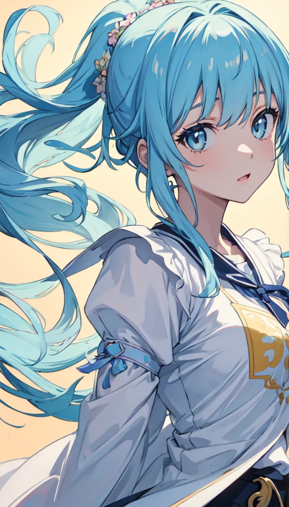 (masterpiece), (best quality), (ultra detailed),(disheveled hair),(illustration), (1girl), (Fashionable clothing), standing, Fashion model, looking at viewer, (interview), (simple background),beautiful detailed eyes, delicate beautiful face, Floating,(high saturation),(colorful splashes),colorful bubble,(shining), focus on face,  ponytail, kamisato ayaka, light blue hair, bangs, hair ring, floating flowers, floating hairs, (shining), best lighting, best shadow,  