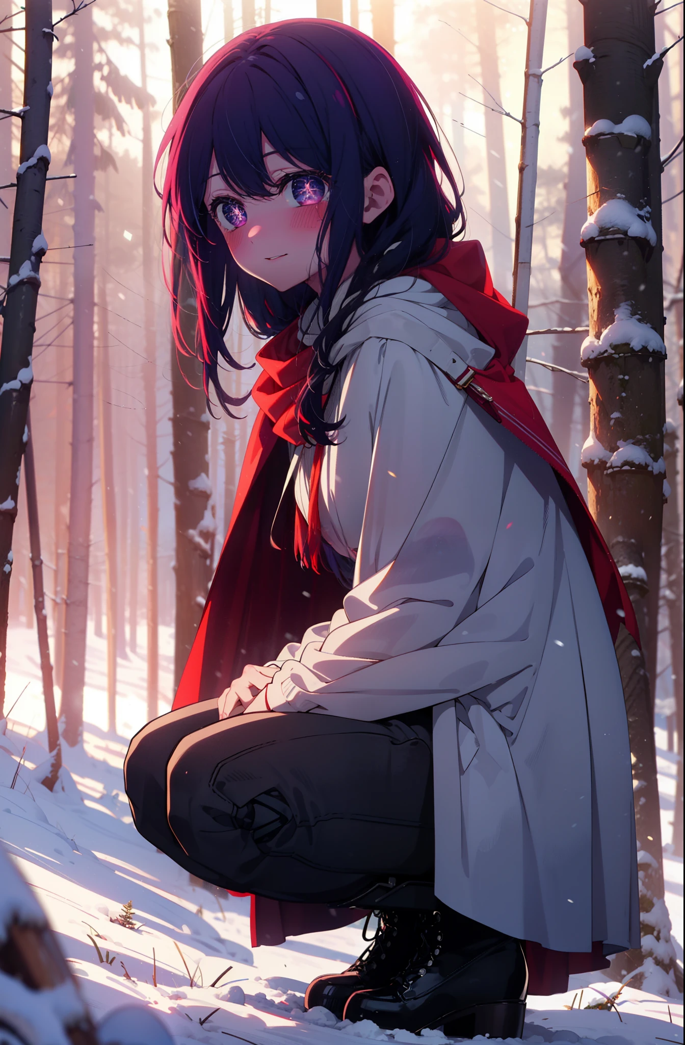 aihoshino, Ai Hoshino, Long Hair, bangs, (Purple eyes:1.1), Purple Hair, (Symbol-shaped pupil:1.5), smile,,smile,blush,White Breath,
Open your mouth,snow,Ground bonfire, Outdoor, boots, snowing, From the side, wood, suitcase, Cape, Blurred, , forest, White handbag, nature, Squat, Mouth closed, Cape, winter, Written boundary depth, Black shoes, red Cape break looking at viewer, Upper Body, whole body, break Outdoor, forest, nature, break (masterpiece:1.2), Highest quality, High resolution, unity 8k wallpaper, (shape:0.8), (Beautiful and beautiful eyes:1.6), Highly detailed face, Perfect lighting, Extremely detailed CG, (Perfect hands, Perfect Anatomy),