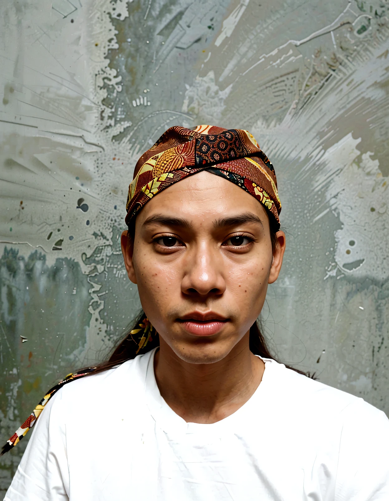 there is a man with a hat on his head, inspired by I Ketut Soki, ramil sunga, with accurate face, south east asian with round face, student, by I Ketut Soki, batik, inspired by Sarper Baran, by Abidin Dino, front profile!!!!, protrait, potrait, frontal picture