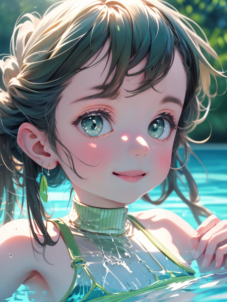best quality, masterpiece, ultra high res, (photorealistic:1.4), RAW photo, Intricate details, ((Perfect Anatomy)), Big beautiful eyes, Perfect contours, masterpiece, One girl, ((Elementary school girl)), Shortcuts, Medium chest, (one piece, turtleneck,No sleeve), Transparent and clear metallic green swimsuit, tight high leg swimsuit, Portrait, ((Face close up)), Looking at the viewer from the front, Outdoor swimming pool, Partially submerged, Wet Skin, Smile, (armpit), Hands do not hold anything