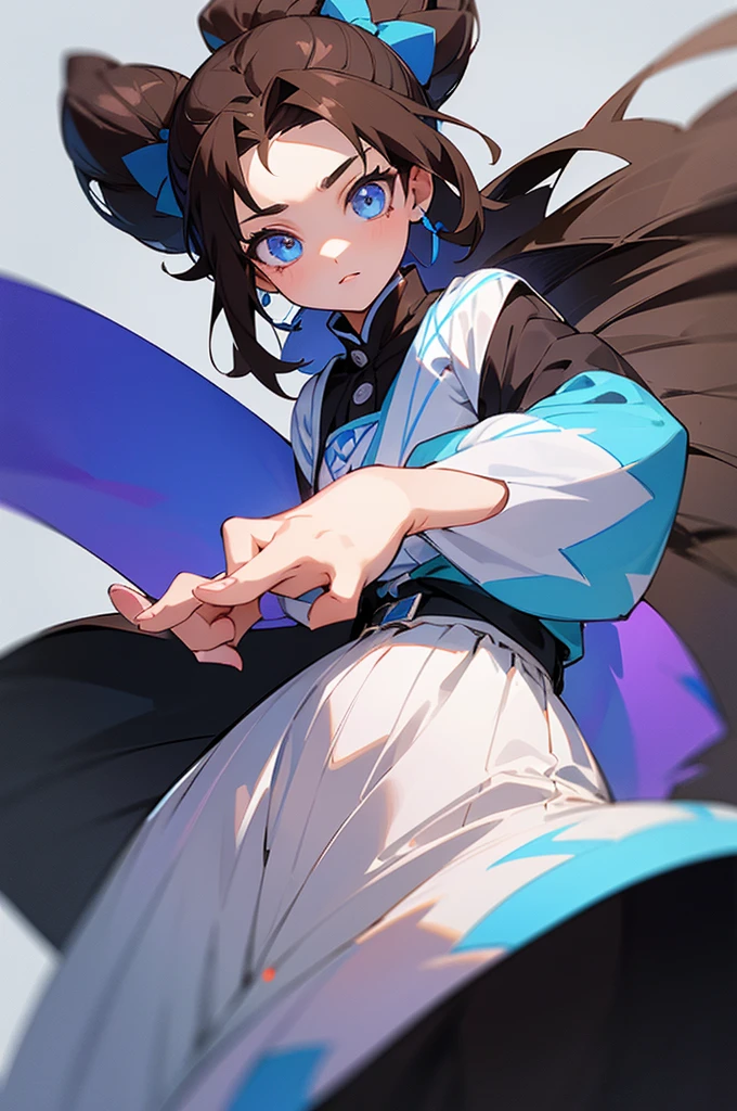 A -yeld gi with straight, dark brown hair. She has fair skin and is beautiful. Her personality is extroverted She is wearing a dress with white and blue colors. The image is in the drawing style of the anime Kimetsu no Yaiba. And his eyes are dark brown in color.