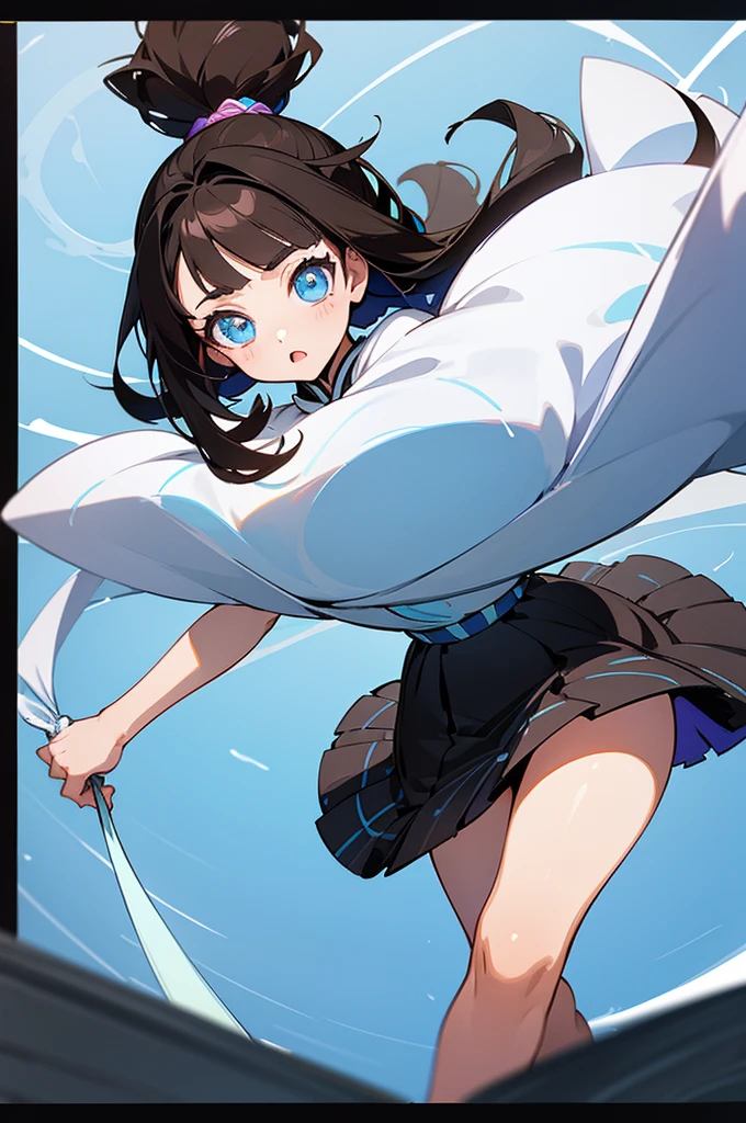 A 15-year-old girl, with straight, dark brown hair. She has fair skin and is beautiful. Her personality is extroverted She is wearing a dress with white and blue colors. The image is in the drawing style of the anime Kimetsu no Yaiba. And his eyes are dark brown in color.