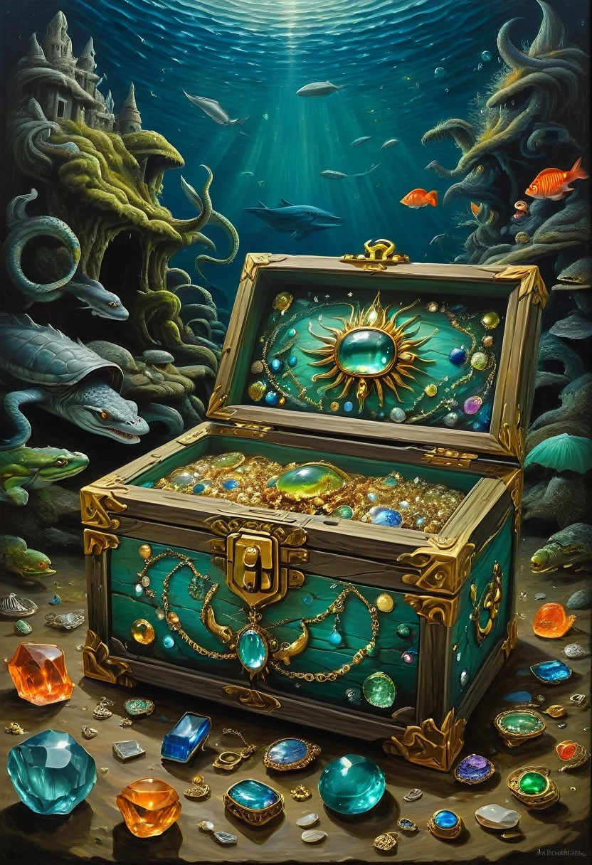 Mimic Monster disguise Treasure Box. Scattered jewelry, by Gertrude Abercrombie, best quality, masterpiece, very aesthetic, perfect composition, intricate details, ultra-detailed