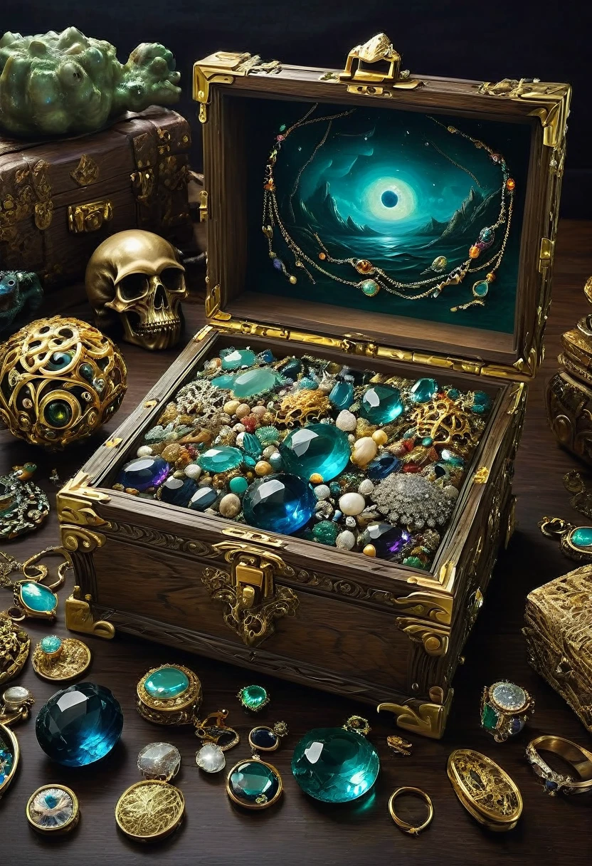 Mimic Monster disguise Treasure Box. Scattered jewelry, by Gertrude Abercrombie, best quality, masterpiece, very aesthetic, perfect composition, intricate details, ultra-detailed