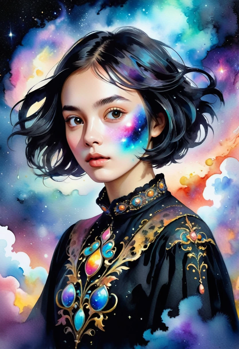[Young 1girl, the expression of a sad face under a mask of joy, Cute Black Chaos Bob To The Wind, baroque:20]:BG[Nebula] (Art by Slawomir-Maniak), Lush watercolor palette canvas/acrylic, Intricate, Extreme detailing, Complex key, ((Single Shot)), ((Best Quality)), ((Masterpiece)) , ( (Realistic)), (IDEAL), 8K, impressionism: 0.2 Обои Full HD