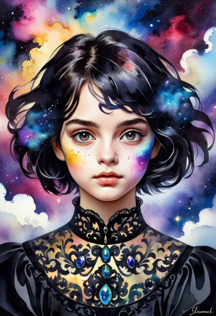 [Young 1girl, the expression of a sad face under a mask of joy, Cute Black Chaos Bob To The Wind, baroque:20]:BG[Nebula] (Art by Slawomir-Maniak), Lush watercolor palette canvas/acrylic, Intricate, Extreme detailing, Complex key, ((Single Shot)), ((Best Quality)), ((Masterpiece)) , ( (Realistic)), (IDEAL), 8K, impressionism: 0.2 Обои Full HD