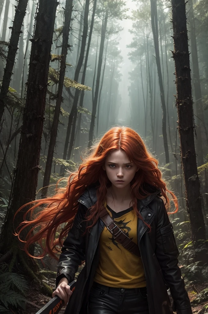 Create a drawing that resembles a digital painting with fantastic art influence. The drawing depicts a dramatic scene. Nela, a white female character with long wavy and disheveled red hair is in a dark and chaotic forest. The character is an attractive 17-year-old girl with a worried expression.. He wears a burnt-yellow coat over a white shirt.. He is holding a machete and faces a legion of monstrous and threatening creatures. These creatures are giant spiders. They are dark and have sparkling yellow eyes with no irises and no pupils.. The scene expresses an air of action, adventure and suspense.