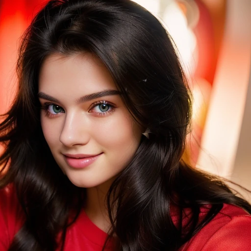 Gorgeous woman with long black hair and a red shirt, perfectly lit face, face is brightly lit by sunlight , headshot profile picture, 20 years old girl, 20 years old woman, detailed unblurred face, full face , close up face, looking straight to camera, perfectly eyes, amazing blue eyes,flirty smile,amazingly smile,