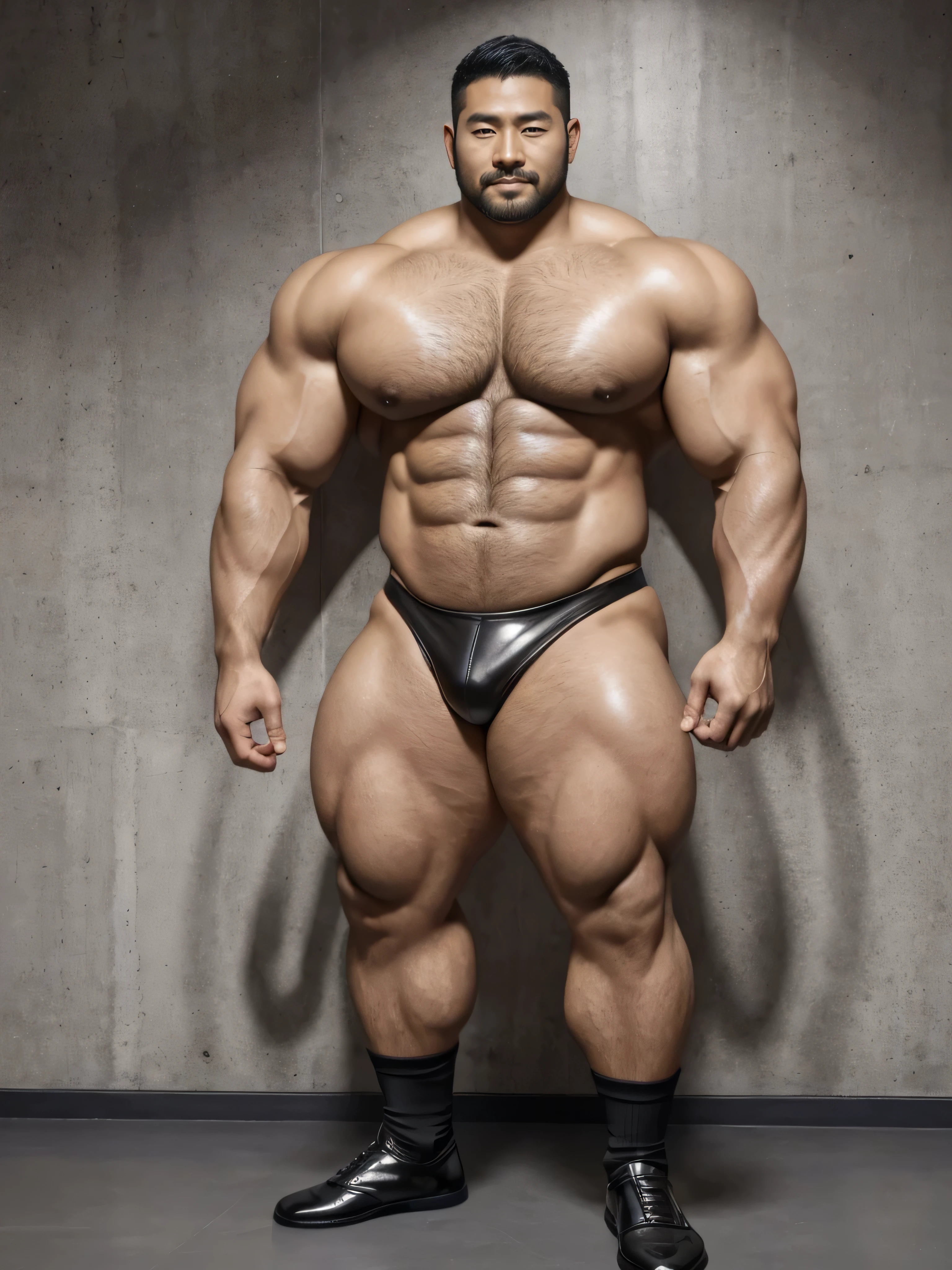 There is only one handsome Asian actor in the photo,35 years old,Tall, Fit body,short hair, O-Shaped Beard,Perfect body, Dark Skin,Radiant Skin,Smooth skin,No body hair,Muscle bulge, muscular, Very large pectoral muscles,Very sexy abdominal muscles,Very well-developed leg muscles,Huge concave and convex area,Brightens oily skin,Wearing black leather shiny thong,Handsome face, Correct and accurate male body proportions, Wear black leather socks,Standing in front of gray background wall。
