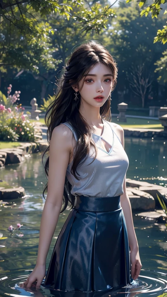 8K, UHD, masterpiece, 1 girl, ((detailed face)), very long hair, detailed eyes, detailed lips, small , blue clothing, skirt, necalace, earring, jwellery, in the park, water reflection, unreal engine 5, ray tracing, bloom, god rays, flowers, upper body capture,