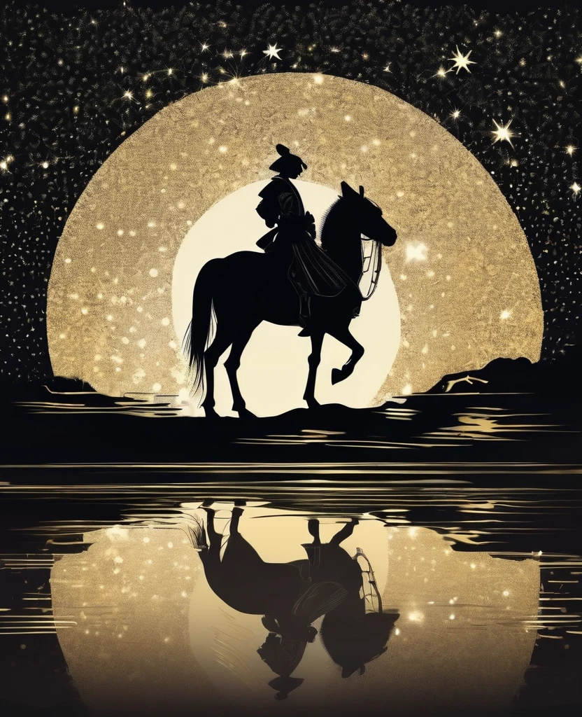 (((Darkest madness silhouette illustration:1.2))), (((Detailed silhouette of a samurai in armor:1.3))), knife, sit, On the Moon, Glitter effect coating background, Detail: Darkest shadow coating, Dreamy sparkling ripple background, (((Intricate details:1.3))), (((highest quality:1.3))), Tonal contrast, Deep shadow contrast,