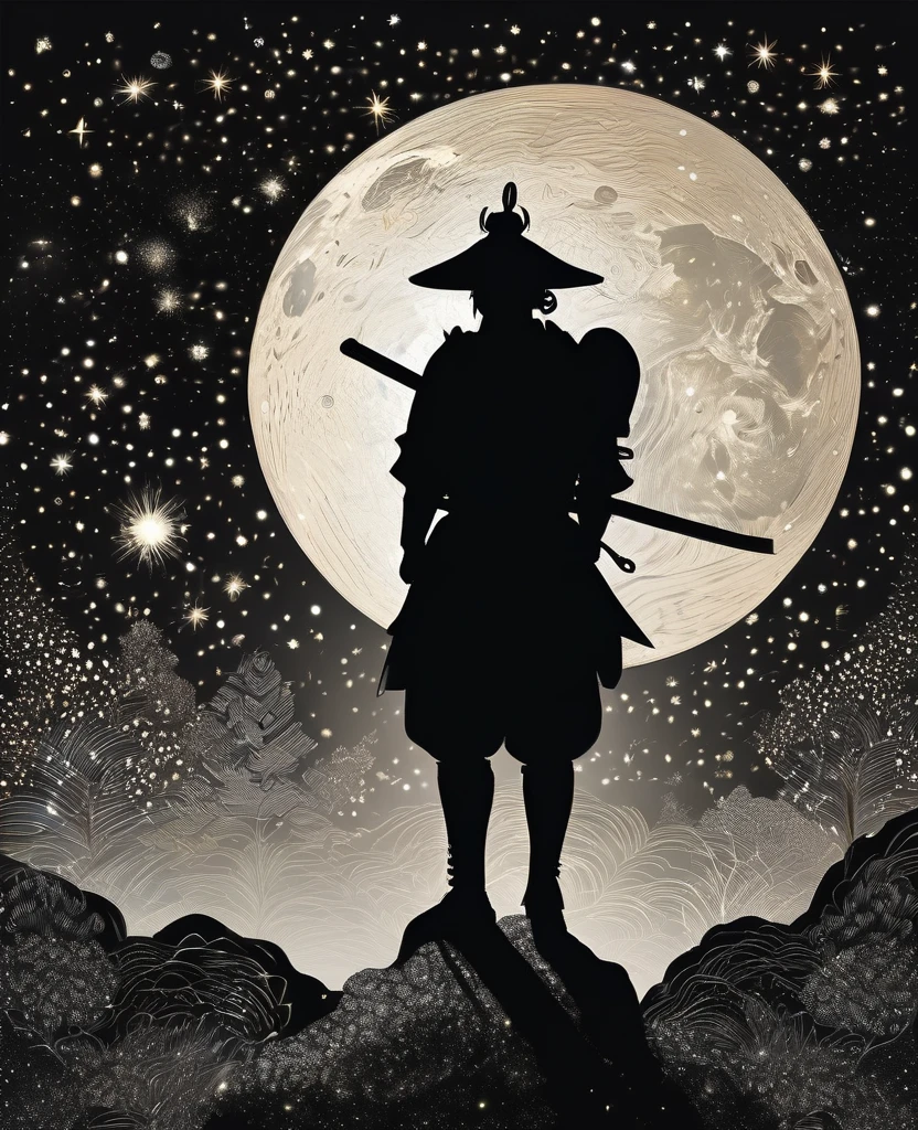 (((Darkest madness silhouette illustration:1.2))), (((Detailed silhouette of a samurai in armor:1.3))), knife, sit, On the Moon, Glitter effect coating background, Detail: Darkest shadow coating, Dreamy sparkling ripple background, (((Intricate details:1.3))), (((highest quality:1.3))), Tonal contrast, Deep shadow contrast,