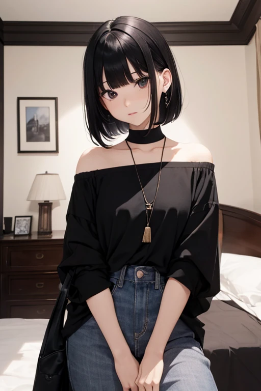 masterpiece，8 k，high quality，最high quality，in the house，in the room，Room background，short black hair, Gathered in two tails，Blunt bangs，Iris，child&#39;s face，Very short height，short s, skin tight short s, camel&#39;s foot，Embarrassing，barefoot，very small ass，Very thin hips，Small frame，flat chest，short denim shorts，open fly，tsundere，printed t-shirt，Accurate and detailed beautiful female fingers，