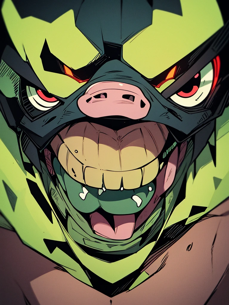  Closeup of the face of a demonized and angry pig, half Cyborg and zombie. an angry pig with very bright eyes and smoke from its nose and green slime from its fanged snout.  fire and heavy metal guitars. It&#39;s a poster for a horror and horror movie, It&#39;s a nightmare image.