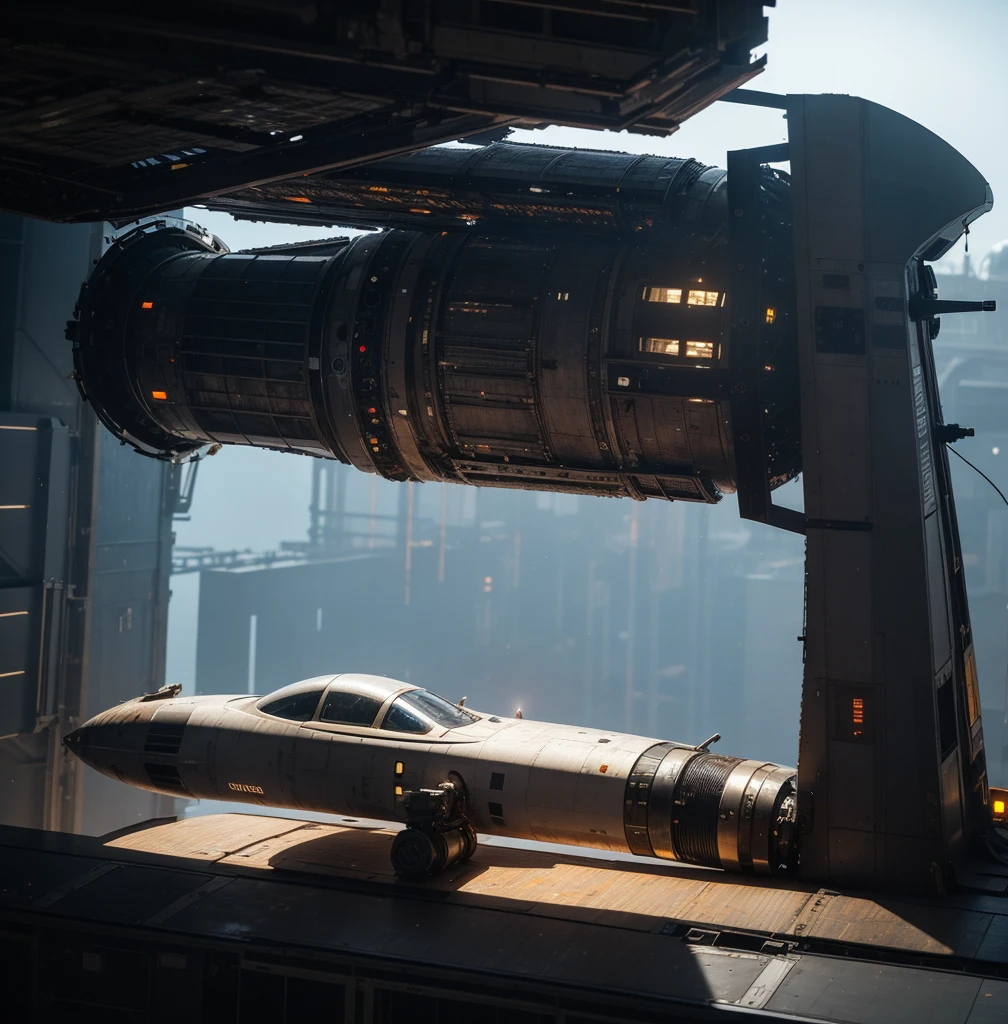 A detailed futuristic space station drydock, a massive starship under repair, human technicians and robotic Droids working together, intricate mechanical components, gleaming metallic surfaces, dynamic lighting, atmospheric haze, photorealistic, cinematic, highly detailed, 8K