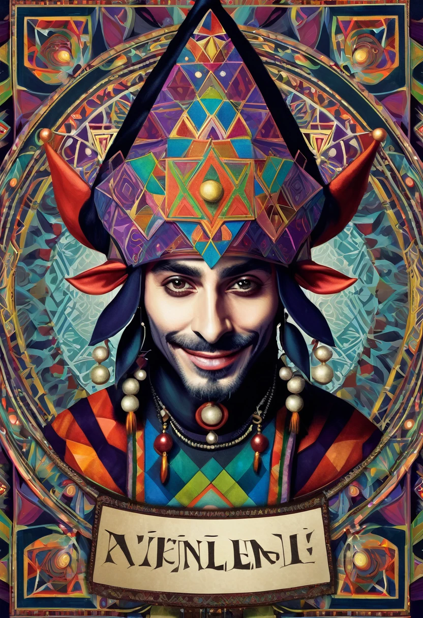 a jester wearing his 6 pointed cap and bells hat and holding a squared sign in front of him, center, detailed, geometric patterns, visionary art, shamanic, dark colors