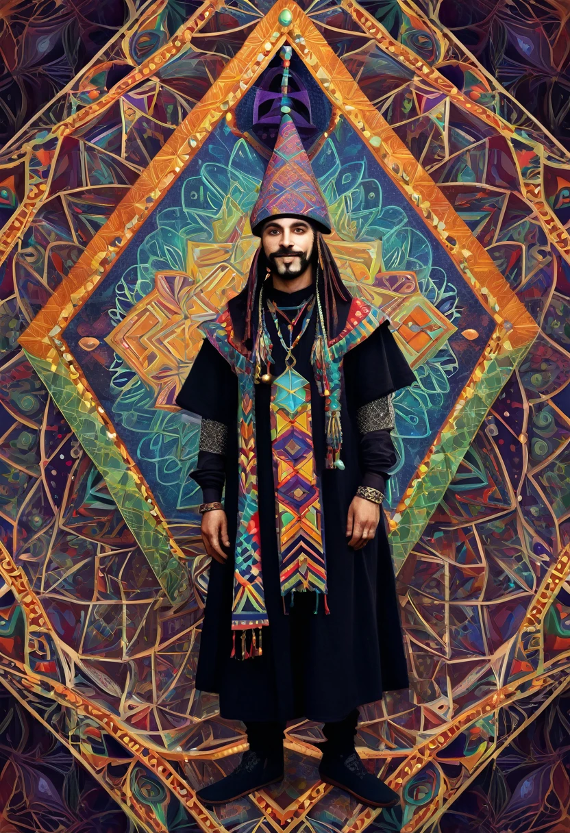 a jester wearing his 6 pointed cap and bells hat and holding a squared sign in front of him, center, detailed, geometric patterns, visionary art, shamanic, dark colors