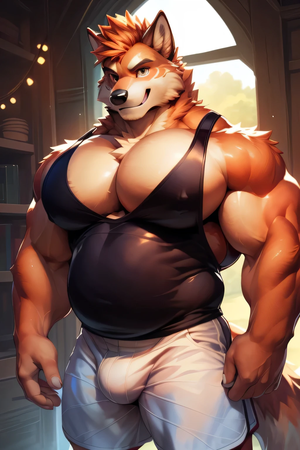 solo,24 years olf,anthro,furry,furry male, Wolf, ((fluffy fur,fluffy,furry body)), (orange and peach fur, ancient Wolf print), (orange body), peach mohawk, brown eyes, short messy hair, tail, peach hair, deep brown eyes, detailed fluffy fur, tight black tank top, ((((massive pecs, fat pecs, ((bulging pecs, huge pecs, saggy pecs, straining pecs, man boob, round pecs)))))), detailed face, detailed eyes, white shorts, white shorts, Gold trimming, gold trim, black tank top, detailed clothes, shirt, detailed tank top, shorts, peach muzzle, full body, massive muscles, muscular, forest, (by null-ghost, by racoon21, masterpiece, high quality,hi-res,8k had), standing,close-view portrait, looking at viewer, indoor, lights, happy expression, smile, dark shadows, flowers, pose, sunny day,