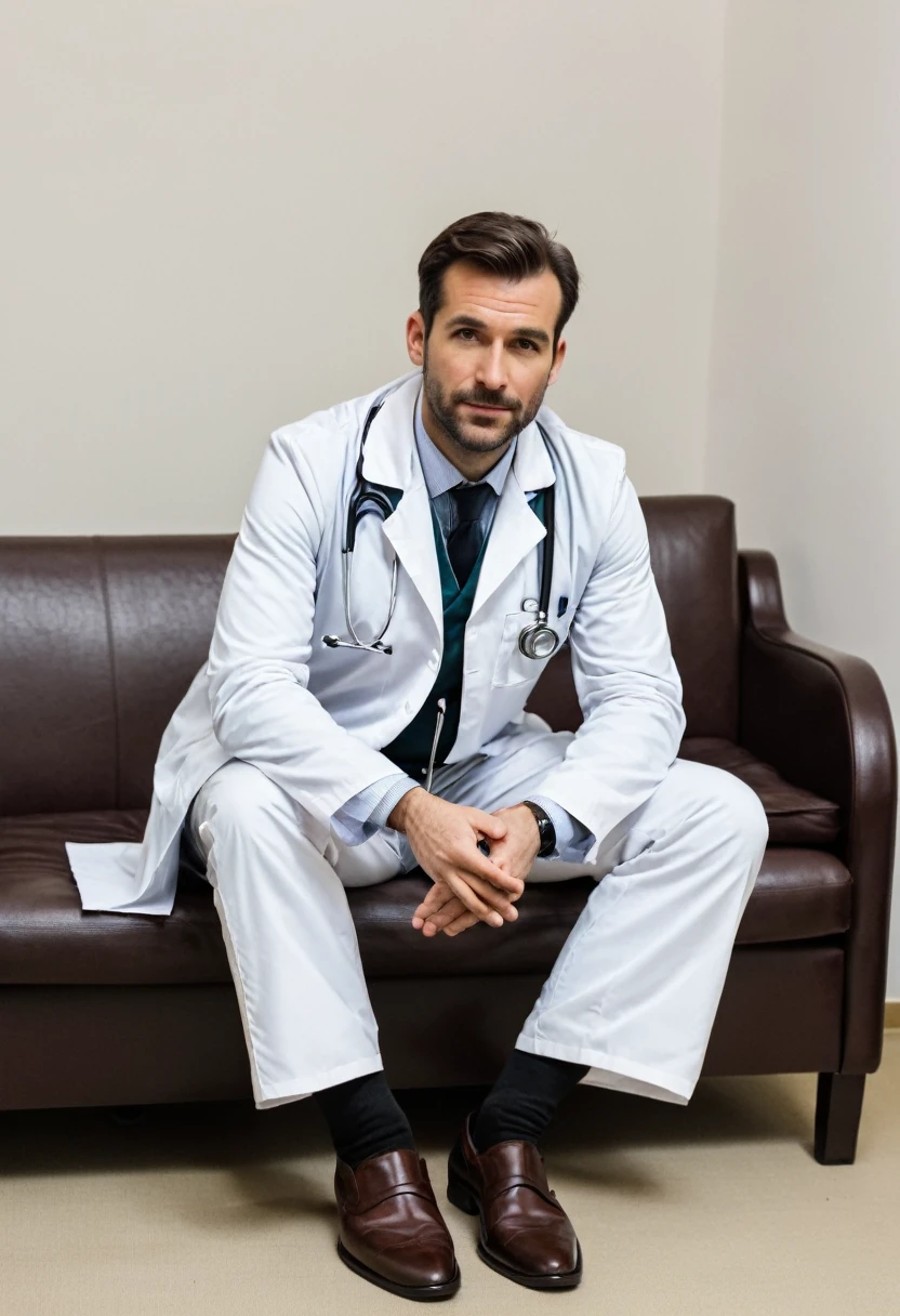 RAW photo, full body, a 35-year-old man, dressed as a doctor, is sitting on a guest sofa, looking towards the audience, wearing shoes, with both hands forward on his knees, straight forward position,