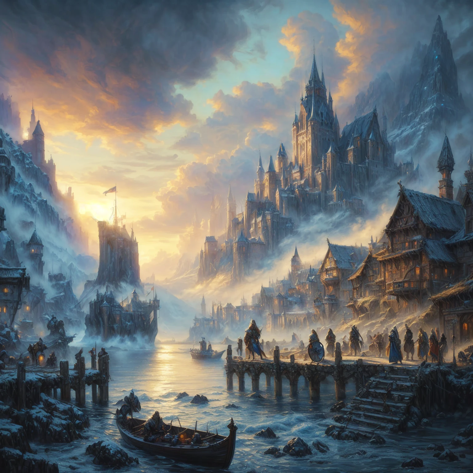 a painting of a boat in a harbor with a castle in the background, 4k fantasy art, highly detailed fantasy art, epic fantasy artwork, medieval fantasy art, detailed fantasy art, andreas rocha and john howe, viking city, hyperrealistic d & d fantasy art, detailed matte fantasy painting, bussiere rutkowski andreas rocha, symmetrical epic fantasy art