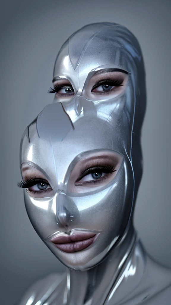 a beautiful woman in a silver latex hood, naked, detailed eyes, masterpiece, 8k, realistic, photorealistic