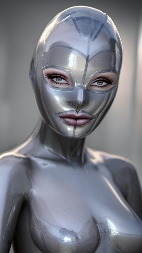 a beautiful woman in a silver latex hood, naked, detailed eyes, masterpiece, 8k, realistic, photorealistic