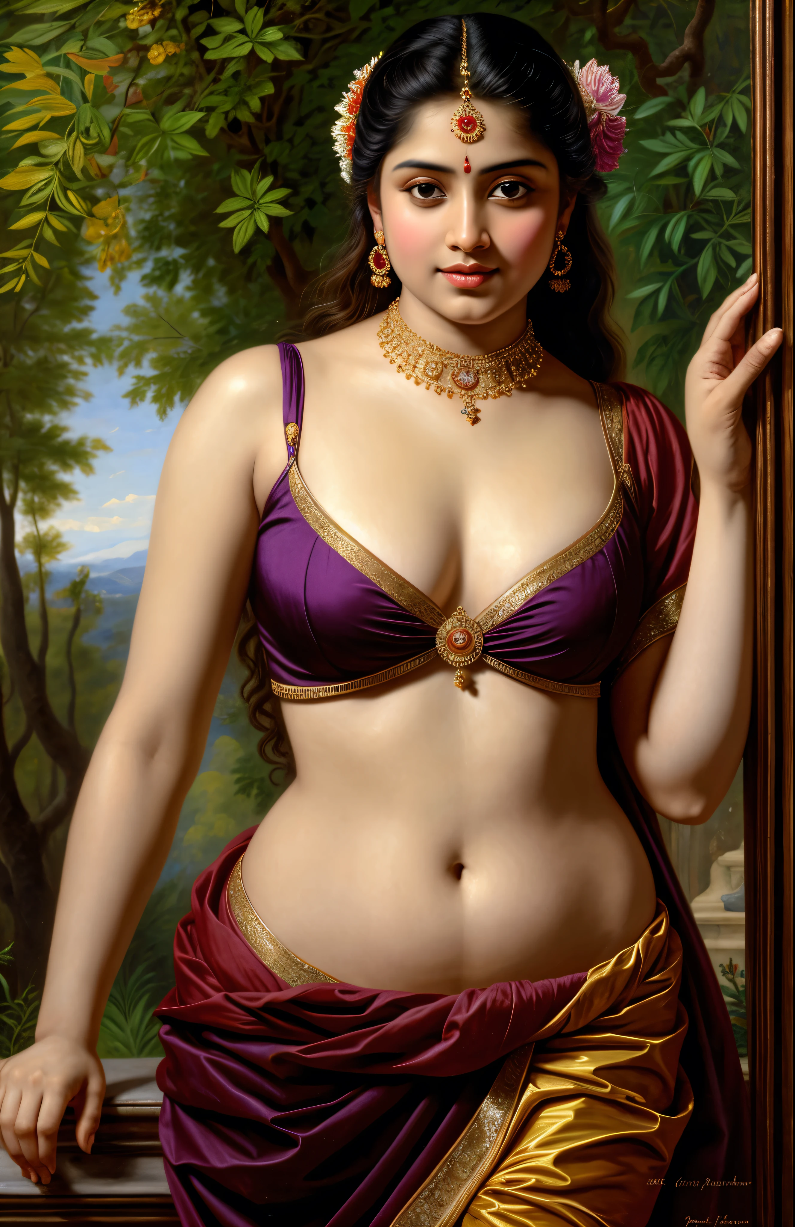 Looks like Jannat Zubair, Beautiful Indian Woman, wearing saree, sari Beauty, gorgeous, curvy, y navel folds, Apsara, Maharani, royal queen woman, nymph from Hindu Mythology, Urvashi, matchless beauty, Highly detailed, Oil Painting by Peter Paul Rubens inspired by Raja Ravi Varma, Matchless beauty, captivating, gorgeous, heavenly beauty, celestial beauty, by Peter Paul Rubens, 13, realistic, hyper realistic, micro details, incredible artwork, insane details, ultra High resolution, 8k, 32k, acrylic on canvas, intricate, flawless, detailed, detailed face, detailed eyes, masterpiece, by Peter Paul Rubens, by Caravaggio, by William Adolphe bouguereau, perfect face, perfect body, beautiful art, realism, baroque, renaissance Art, highly textured, beautiful and detailed eyes, uhd, best quality,