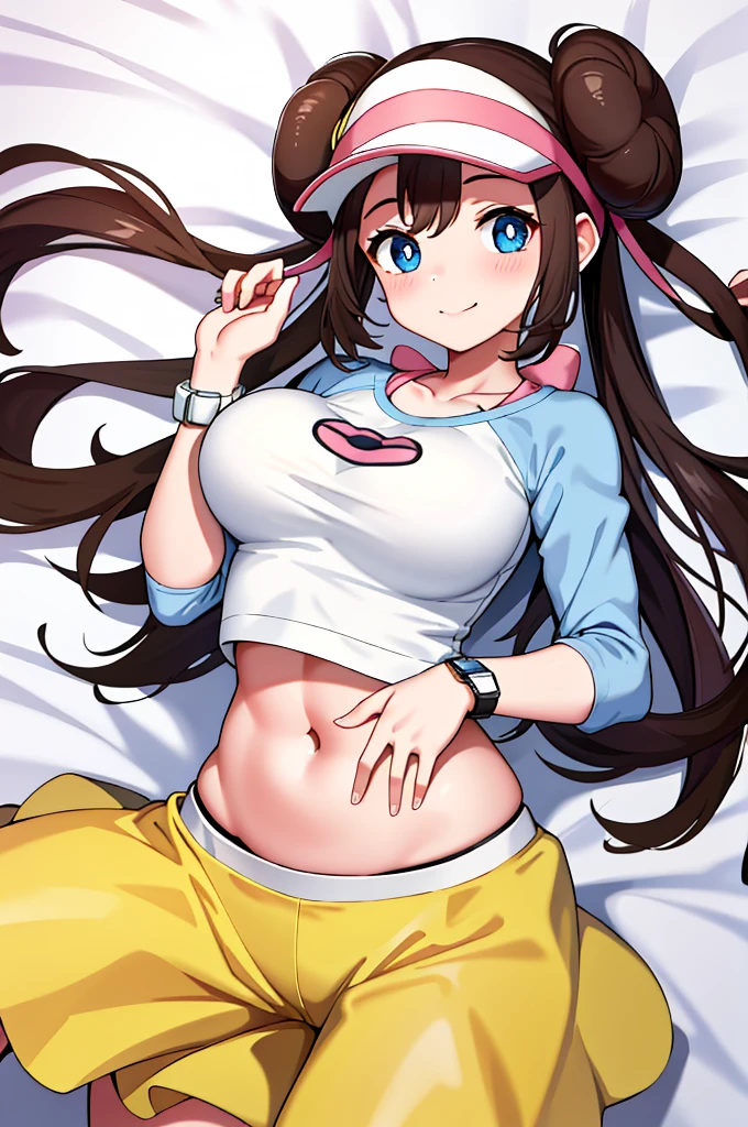 ​masterpiece, top-quality, hight resolution, RO1, Hair buns, blue eyess, Twin-tailed, Visor Cap, raglan sleeves, Yellow shorts, The shirt, Pink ribbon, Watches,large full breasts、、appealing breast、breastso、sexy tummy,  tetas grandes, solo, 1girl, BEDROOM background, hands on chest, embarrased, blush, smile, lying on bed, 