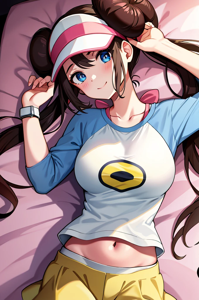 ​masterpiece, top-quality, hight resolution, RO1, Hair buns, blue eyess, Twin-tailed, Visor Cap, raglan sleeves, Yellow shorts, The shirt, Pink ribbon, Watches,large full breasts、、appealing breast、breastso、sexy tummy,  tetas grandes, solo, 1girl, BEDROOM background, hands on chest, embarrased, blush, smile, lying on bed, 