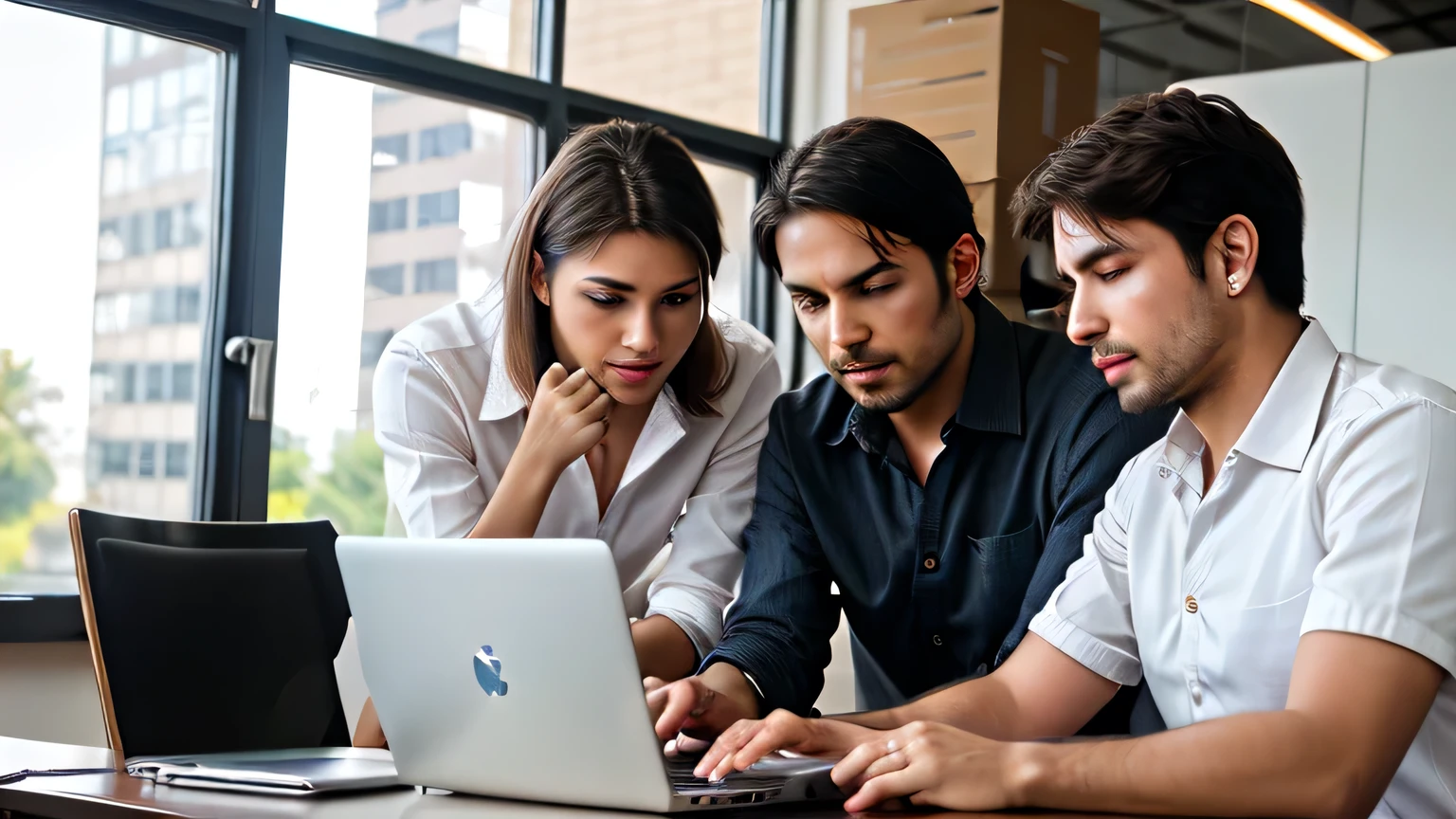 ((best quality)), ((masterpiece)), (detailed), men working in office, with laptops and making discussions