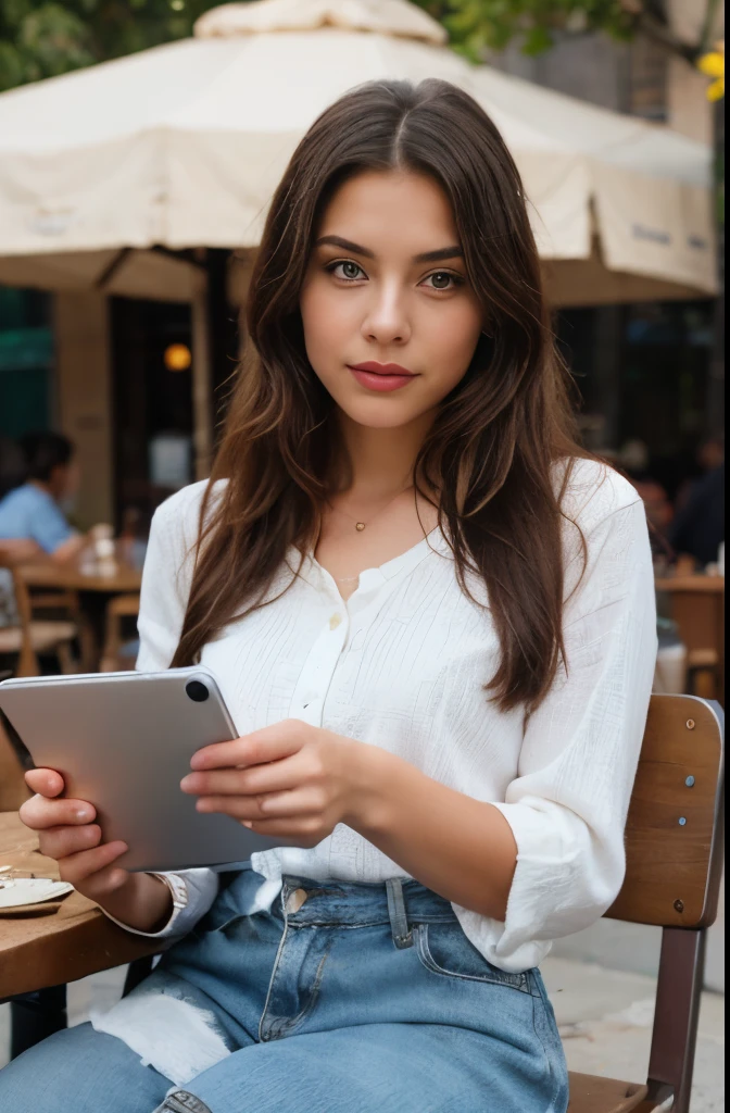 Subject and Attributes:

Main Subject: Woman with long brunette hair styled in twin buns
Additional Attributes: Engrossed in reading or interacting with a tablet, seated at a casual outdoor setting
Skin Tone: Mediterranean or South American complexion
Visual Characteristics:

Camera Angle/Shot Type: Medium shot, capturing her seated position and her immediate surroundings
Lighting: Natural, ambient light typical of a shaded outdoor setting
Art Style/Aesthetic: Photorealistic, focusing on natural expressions and casual style
Color Scheme: Earth tones from the outdoor café setting, with dark hues of the brunette hair and casual clothing
Surrounding Environment: Outdoor café with rustic wooden backdrops and casual furnishings
Descriptors of Quality: High-resolution, sharp detail, balanced composition
Using Quality Tags:

With Quality Tags: ((best quality)), woman with brunette hair styled in twin buns and Mediterranean or South American complexion, engaged with a tablet, seated at an outdoor café, casual attire, photorealistic, detailed, ambient lighting
Prompt Construction:
Combine the elements above into a cohesive prompt:
"((best quality)), woman with long brunette hair styled in twin buns and a Mediterranean or South American complexion, casually dressed, engrossed in interacting with a tablet while seated at an outdoor café. The setting includes a rustic wooden backdrop and casual furnishings, with items like a pastry, a drink, and personal accessories on the table. Medium shot with natural ambient light, capturing her reflective expression and the detailed textures of her outfit and the environment. Photorealistic style, focusing on high-resolution, sharp detail, and balanced composition."