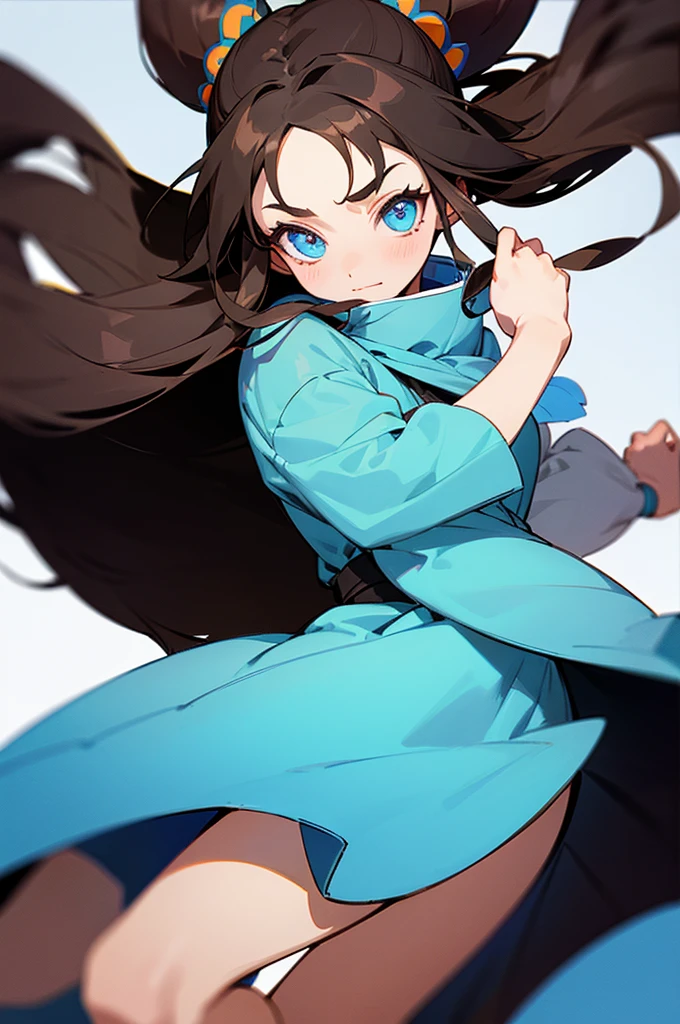 A , with straight, dark brown hair. She has fair skin and is beautiful. Her personality is extroverted She is wearing a dress with white and blue colors. The image is in the drawing style of the anime Kimetsu no Yaiba. And his eyes are dark brown in color. The hair is long and straight. And his eyes are dark brown, not blue.