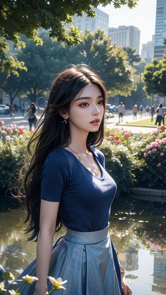 8K, UHD, masterpiece, 1 girl, ((detailed face)), very long hair, detailed eyes, detailed lips, small breasts, blue clothing, skirt, necalace, earring, jwellery, in the park, water reflection, unreal engine 5, ray tracing, bloom, god rays, flowers, upper body capture,