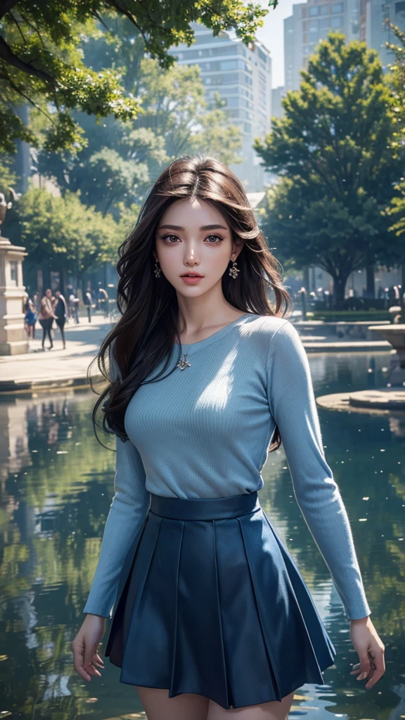 8K, UHD, masterpiece, 1 girl, ((detailed face)), very long hair, detailed eyes, detailed lips, small breasts, blue clothing, skirt, necalace, earring, jwellery, in the park, water reflection, unreal engine 5, ray tracing, bloom, god rays, flowers, upper body capture,