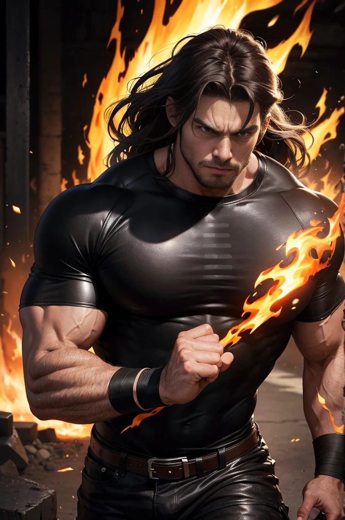 Realistic 8K image of a handsome, strong man, 25 years old, long brown hair, brown eyes, angry expression, dressed in a simple black leather shirt, bandages wrapped around his arms, charging forward invoking flames, large underground dungeon , art in anime style,big biceps,muscular body