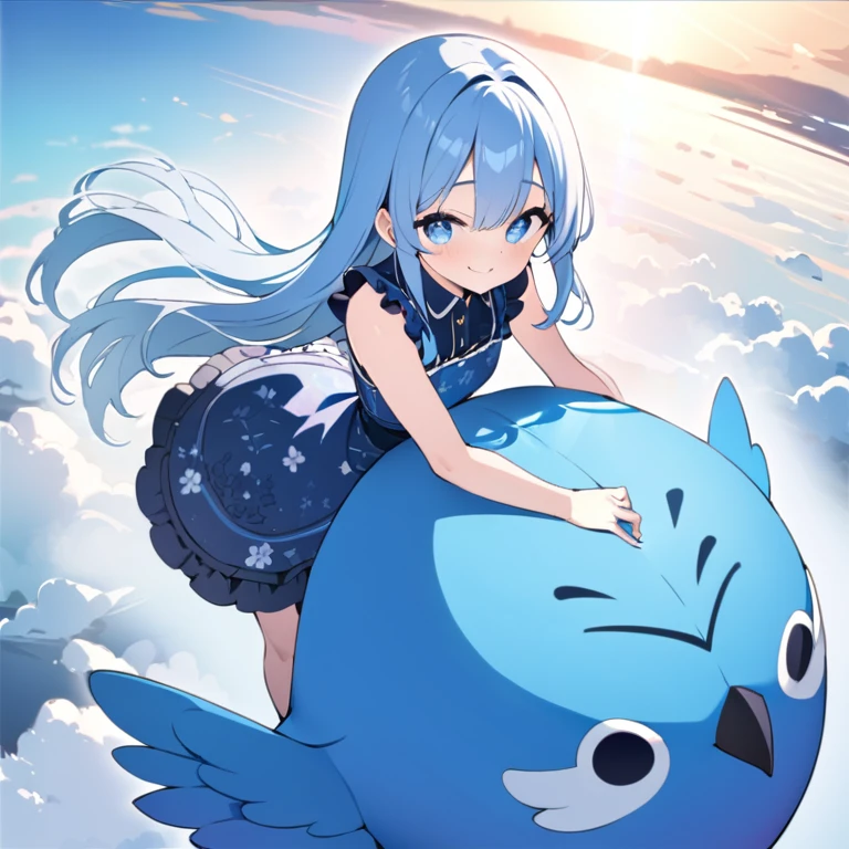 (8K, best quality, master piece: 1.2), super high resolution,1girl,yo,ultra-detailed face, detailed eyes,Flying astride a giant blue bird,BREAK,Very long hair,blue hair,enjoy,smile,Wearing floral pattern blue ruffle dress,above the sky,Blue sky,crepuscular rays,aerial shot