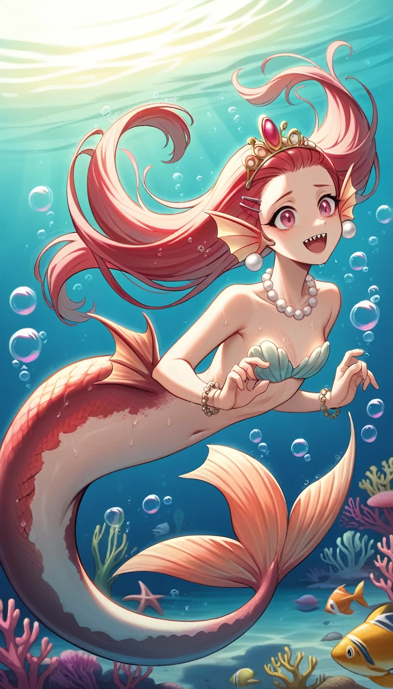 (best quality,4k,8k,highres,masterpiece:1.2),ultra-detailed, Pretty princess magically transformed into a beautiful mermaid, race swap, fantastic transformation, none human, steampunk, fish like, wet body, surrounded by small bubbles, long and detailed mermaid tail with shimmering red fish scales, fins ears, drawn in anime style, very long pigtails red hair, sharp teeth, is smiling, pink eyes, small breast, long pelvic and dorsal fins, pair of fish gills on the torso, red seashells bra, starfish hair clips, pearl earrings and bracelets, pearl necklace, hair ribbons, gold tiara, ocean depths, swimming underwater, joyful expression, playful mermaid poses, sparkling water, water reflections, ethereal atmosphere, subtle glow, whimsical and enchanting, checking her new body, underwater world, colorful coral reef, magical underwater lighting, vivid colors, breathing underwater, endless ocean depths, sunlight filtering through the water, Highly detailed, masterpiece, high quality, 4K.