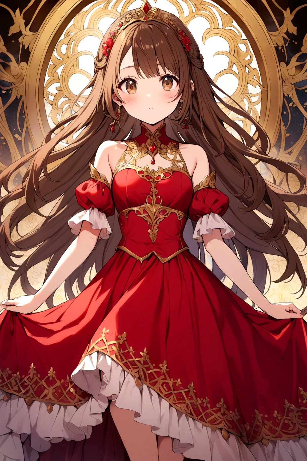A princess in a red dress, brown hair and hazel eyes.