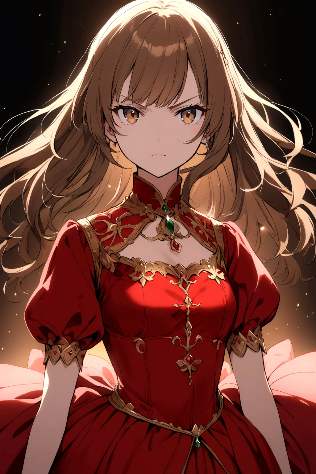A princess in a red dress, brown hair and hazel eyes.