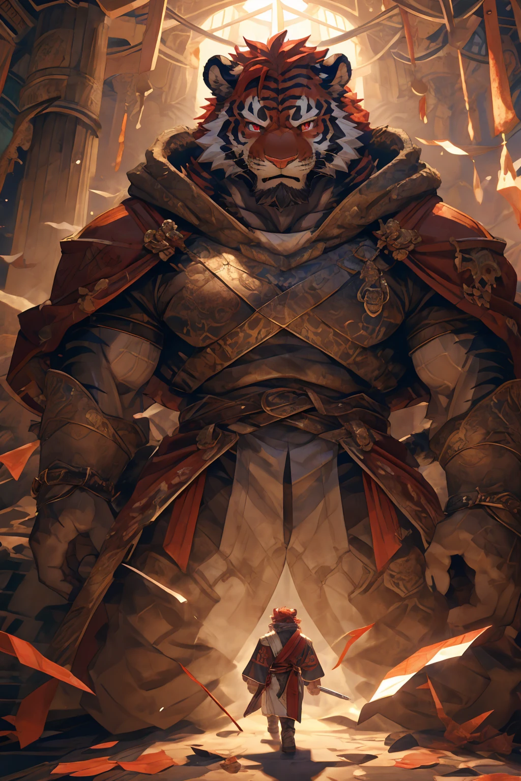 (赤红色tiger),(赤红流火Military commander战袍),(Holding a long sword),Awesome posture,Sitting quietly on the edge of the cliff,(The background is a city with bright lights.:1.2),Abdominal muscles,完美的masterpiece,Various facial details,Close-up view,specific description,masterpiece,cg,(Red eyes),Crimson pattern,Crimson tail,Military commander,Heroic,tiger,Crimson fur,Detailed facial details,),(Half Body),(Long feather),((middle aged)),(Face Focus:1.3),(16K),HD,Red and white abdomen,temple,beard,(Face lines),Heterochromia,(Red battle robe),(Crimson hair),Strong,muscle,(high resolution:1.3),