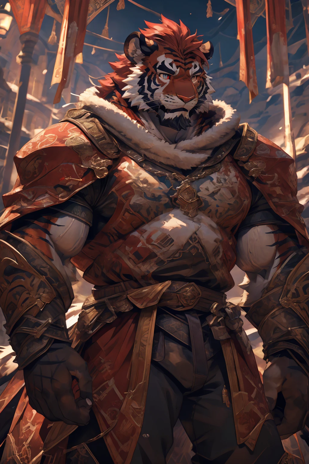 (赤红色tiger),(赤红流火Military commander战袍),(Holding a long sword),Awesome posture,Sitting quietly on the edge of the cliff,(The background is a city with bright lights.:1.2),Abdominal muscles,完美的masterpiece,Various facial details,Close-up view,specific description,masterpiece,cg,(Red eyes),Crimson pattern,Crimson tail,Military commander,Heroic,tiger,Crimson fur,Detailed facial details,),(Half Body),(Long feather),((middle aged)),(Face Focus:1.3),(16K),HD,Red and white abdomen,temple,beard,(Face lines),Heterochromia,(Red battle robe),(Crimson hair),Strong,muscle,(high resolution:1.3),
