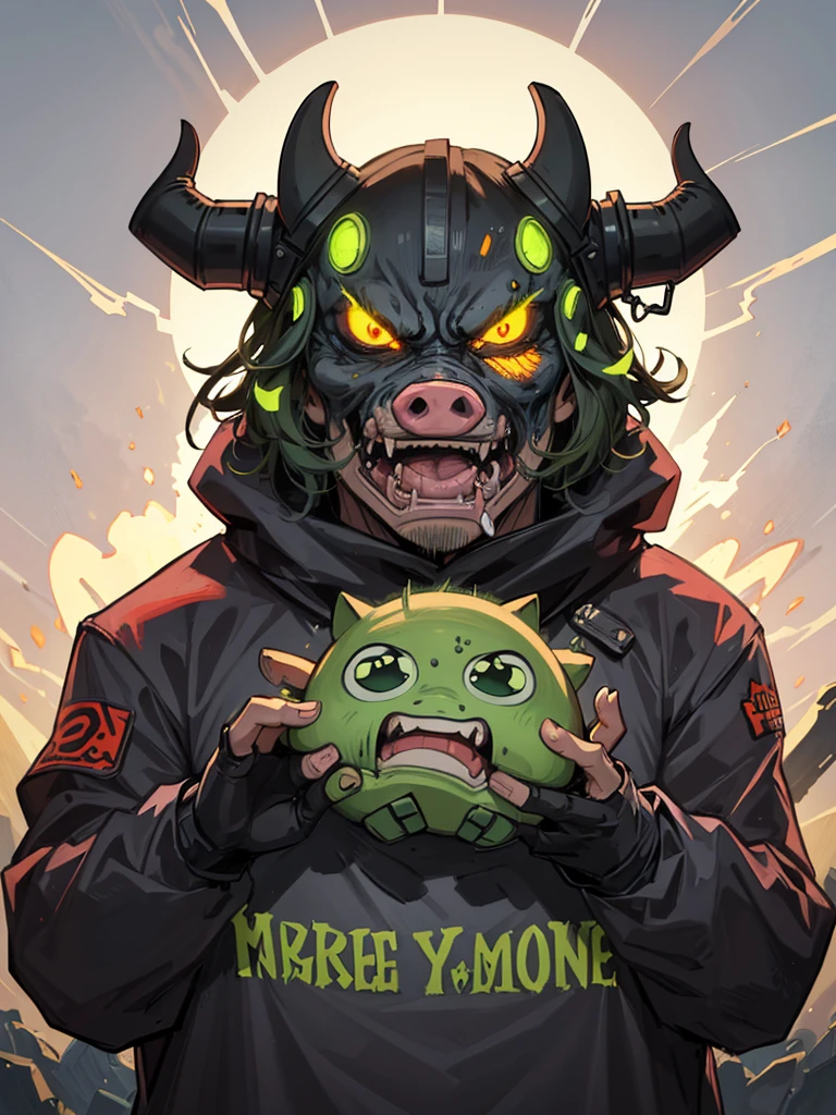the face of a demonized and furious pig, half Cyborg and zombie. an angry pig with very bright eyes and smoke from its nose and green slime from its fanged snout. fire and heavy metal guitars. It's a poster for a horror and horror movie, It's a nightmare image.