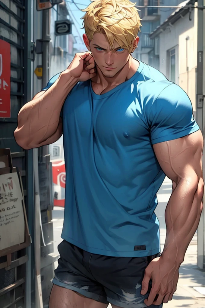 (masterpiece, best quality ), 1 person, muscular, short hair, blue eyes, Blonde, shorts, Soaked T-shirt, topless