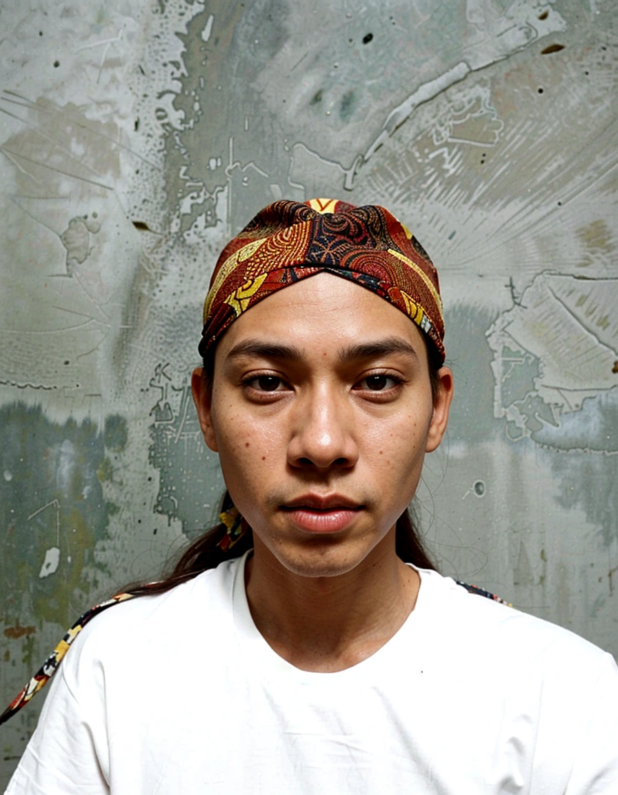 there is a man with a hat on his head, inspired by I Ketut Soki, ramil sunga, with accurate face, south east asian with round face, student, by I Ketut Soki, batik, inspired by Sarper Baran, by Abidin Dino, front profile!!!!, protrait, potrait, frontal picture