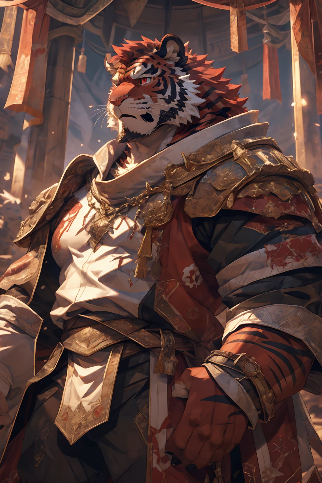 (赤红色tiger),(赤红流火Military commander战袍),(Holding a long sword),Awesome posture,Sitting quietly on the edge of the cliff,(The background is a city with bright lights.:1.2),Abdominal muscles,完美的masterpiece,Various facial details,Close-up view,specific description,masterpiece,cg,(Red eyes),Crimson pattern,Crimson tail,Military commander,Heroic,tiger,Crimson fur,Detailed facial details,),(Half Body),(Long feather),((middle aged)),(Face Focus:1.3),(16K),HD,Red and white abdomen,temple,beard,(Face lines),Heterochromia,(Red battle robe),(Crimson hair),Strong,muscle,(high resolution:1.3),