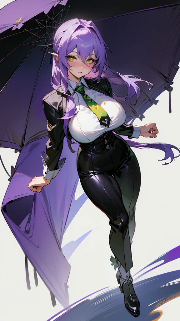 (Surreal), (Illustration), (High resolution), (in 8K), (Extreme Detail), (Best Illustration), (beautiful detail), (Best Quality), (masuter piece), (Wallpaper), ( Detailed face), purple color  hair、poneyTail、yellow  eyes、an eye patch、Black shirt、pant suit、neck tie、deacon、Wear less revealing clothing、full body Esbian、Realistic fantasy rendering, Realistic anime girl rendering, Full body portrait, (Big Breast: 1.4)  popular in CGSTATION, wlop. 4K、highlight in eyes、Night background