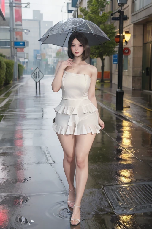 ((Best Quality, 8k, Masterpiece: 1.3)), Focus: 1.2, Perfect Body Beauty: 1.4, Buttocks: 1.2, ((Layered Haircut, Flat Chest: 1.2)), (Rain, Street:1.3), Bandeau Dress: 1.1, Highly Detailed Face and Skin Texture, Fine Eyes, Double Eyelids, Whitened Skin, Long Hair, (Shut Up: 1.3), Full Body