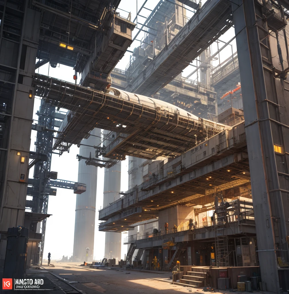 A detailed futuristic space station drydock, a massive starship under repair, human technicians and robotic Droids working together, intricate mechanical components, gleaming metallic surfaces, dynamic lighting, atmospheric haze, photorealistic, cinematic, highly detailed, 8K
